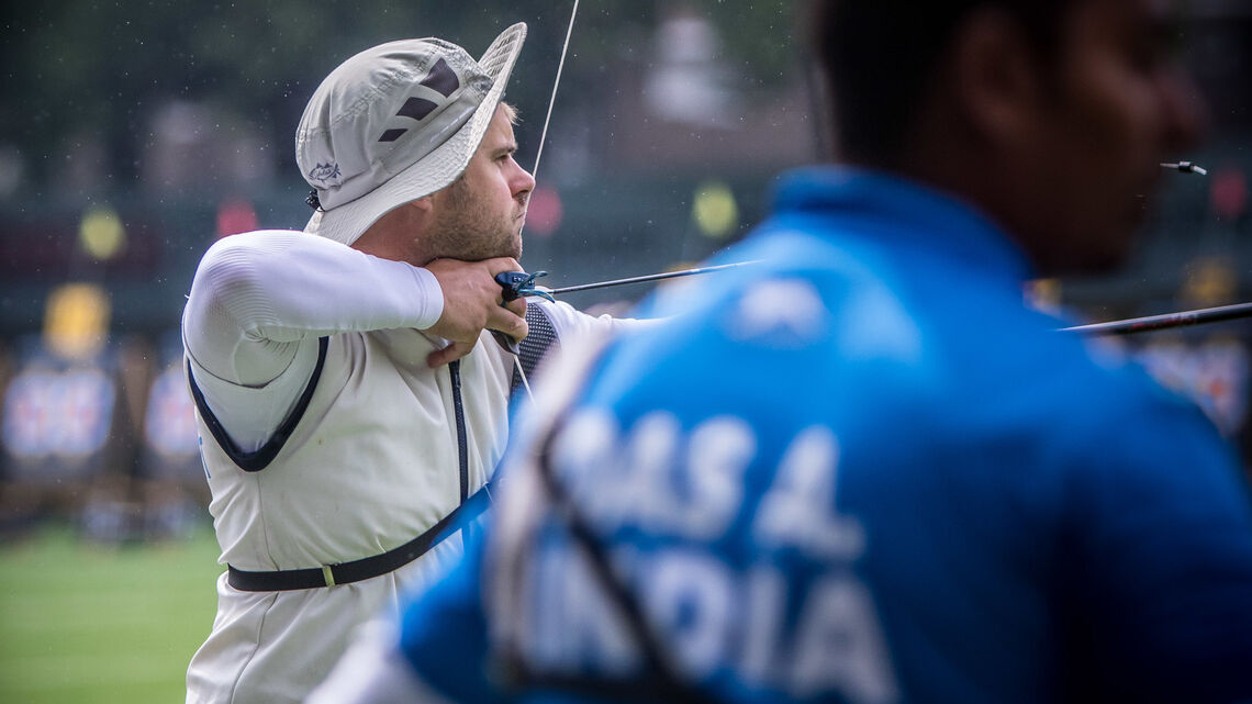 JC Valladont shoots during team eliminations at the worlds in 2019.