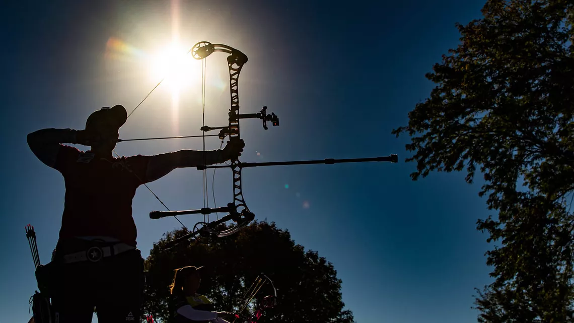 Compound archers shoot at the 2021 Hyundai World Archery Championships.