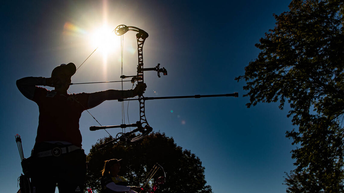 Compound archers shoot at the 2021 Hyundai World Archery Championships.