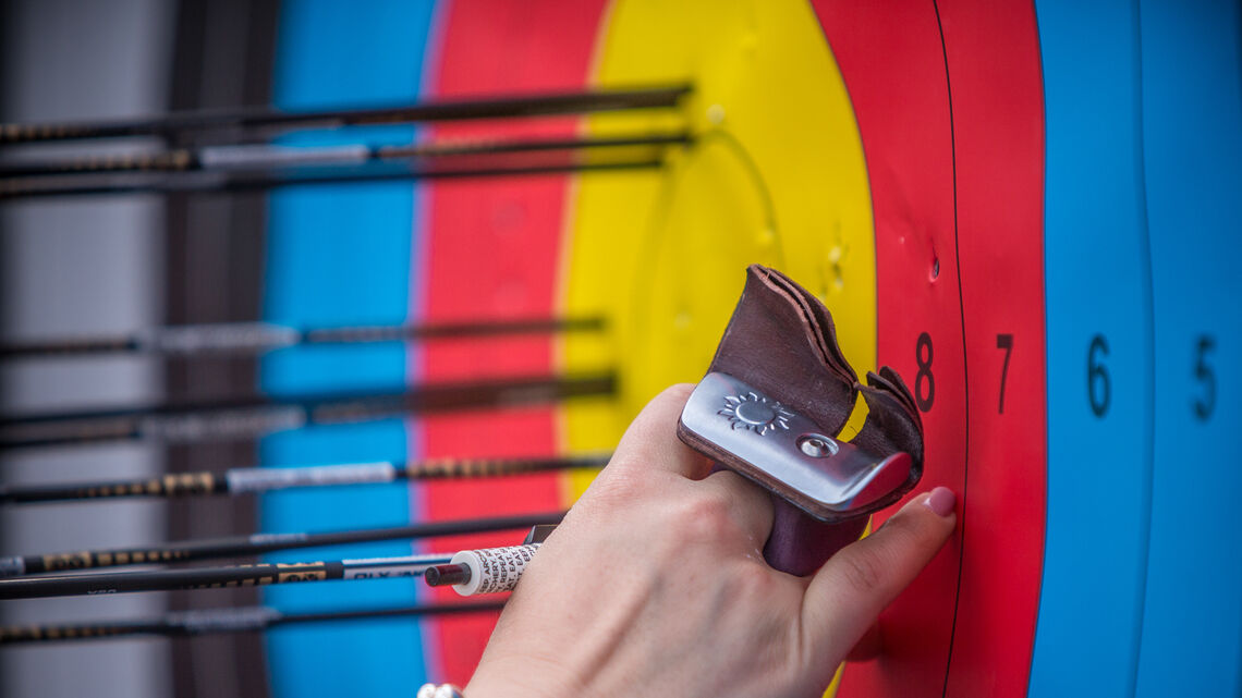 Marking arrowholes during the first stage of the 2021 Hyundai Archery World Cup in Guatemala City.