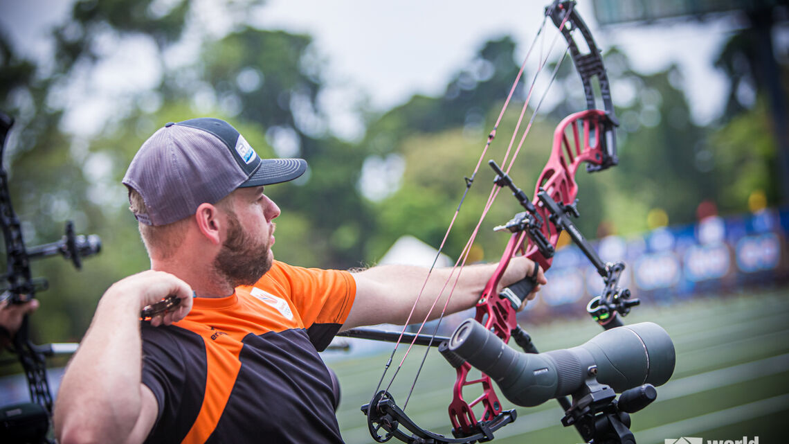 Mike Schloesser shoots during qualification at the first stage of the 2021 Hyundai Archery World Cup in Guatemala City.