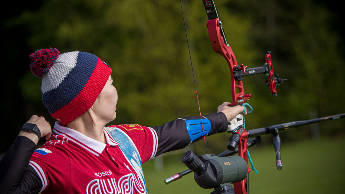 Svetlana Gomboeva shoots during eliminations at the second stage of the Hyundai Archery World Cup in 2021.