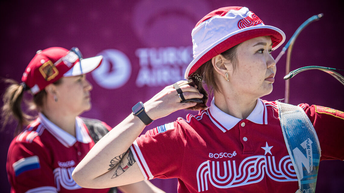 Svetlana Gomboeva shoots during the final at the second stage of the Hyundai Archery World Cup in 2021.