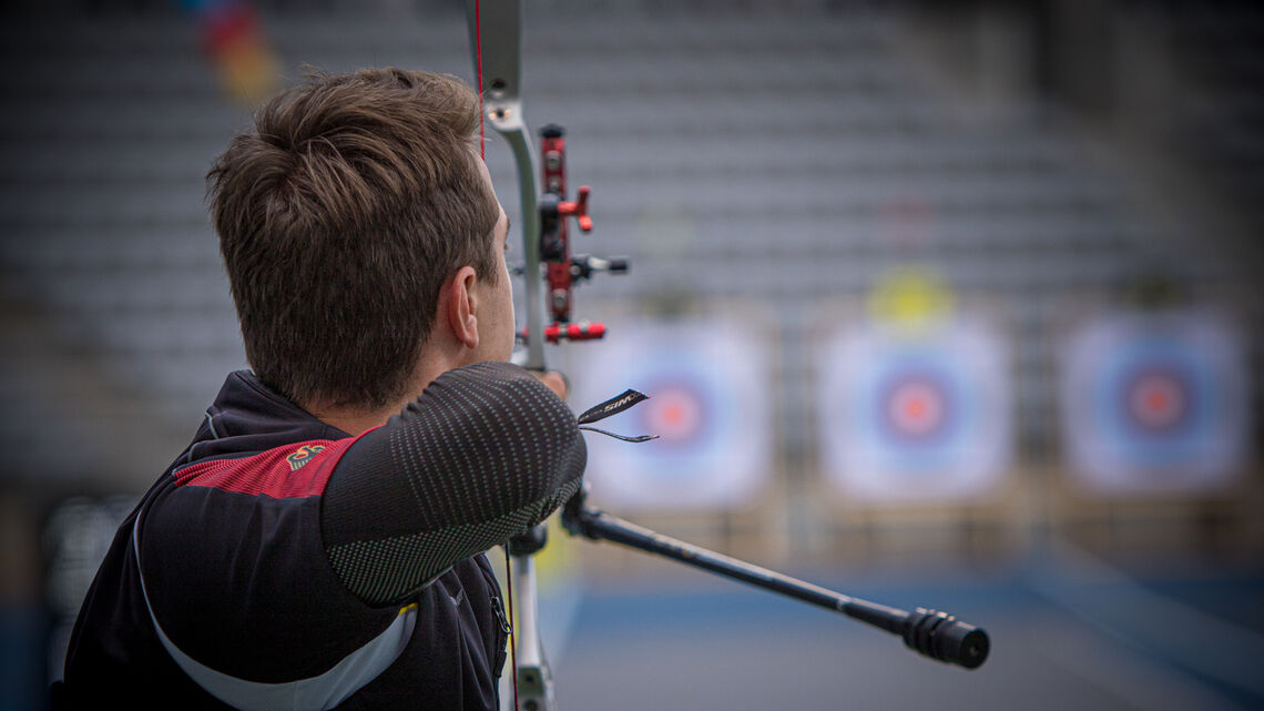 Moritz Wieser shoots during qualifying at the third stage of the 2021 Hyundai Archery World Cup in Paris.