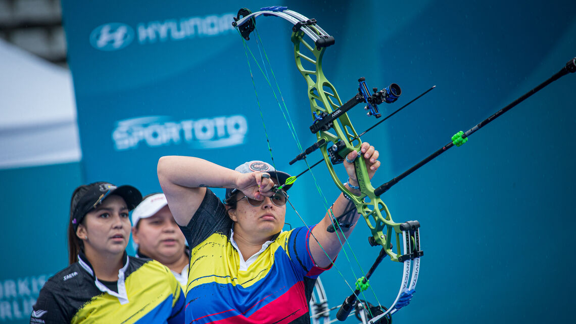Colombia shoots during finals at the third stage of the 2021 Hyundai Archery World Cup in Paris.
