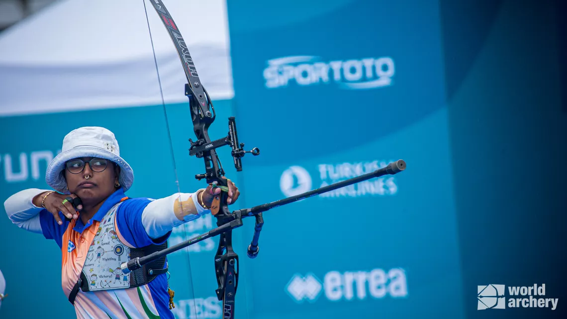 Deepika Kumari shoots at the World Cup stage in Paris