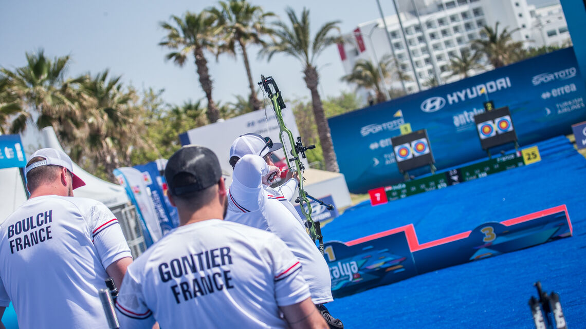 The French compound team shoots during finals in Antalya.