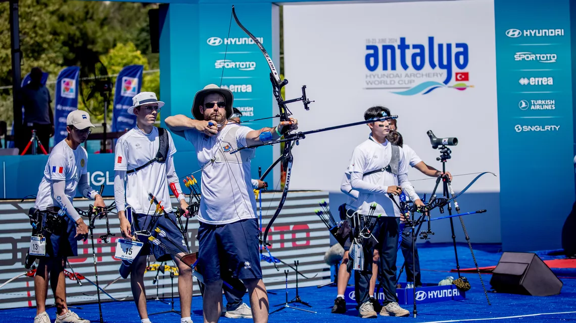 The French recurve men’s team shooting for gold at Antalya 2024.