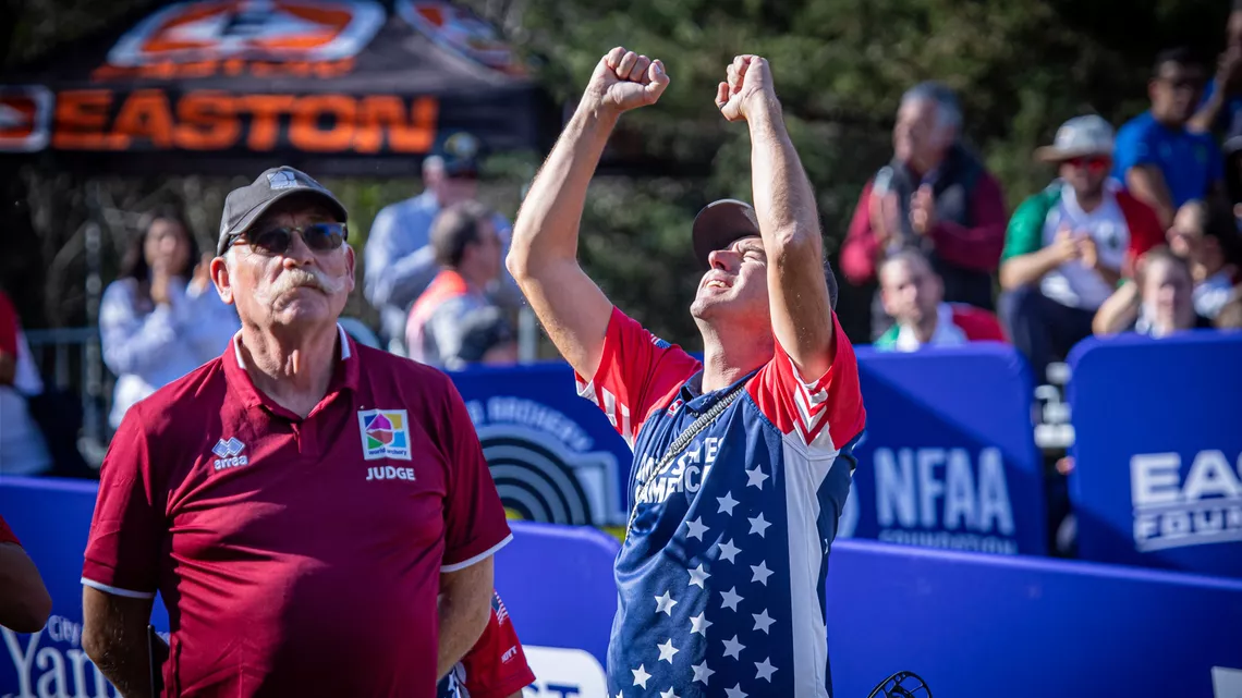 Rolf Volungholen serving at Yankton 2022 World Archery Field Championships.