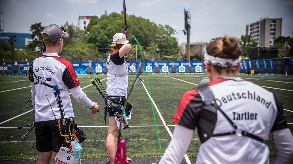 The German recurve women's team shoots during the first stage of the 2021 Hyundai Archery World Cup in Guatemala City. 