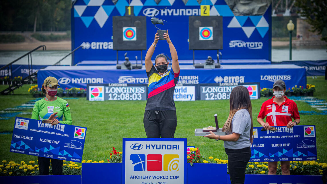 The compound women’s podium at the 2021 Hyundai Archery World Cup Final.