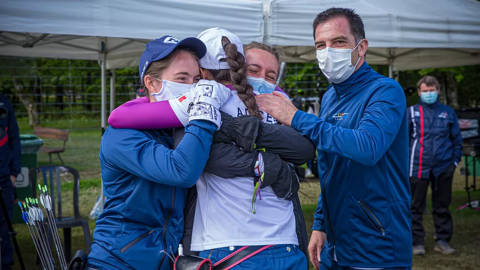 Audrey Adiceom celebrates after making the final four at the second stage of the 2021 Hyundai Archery World Cup in Lausanne.