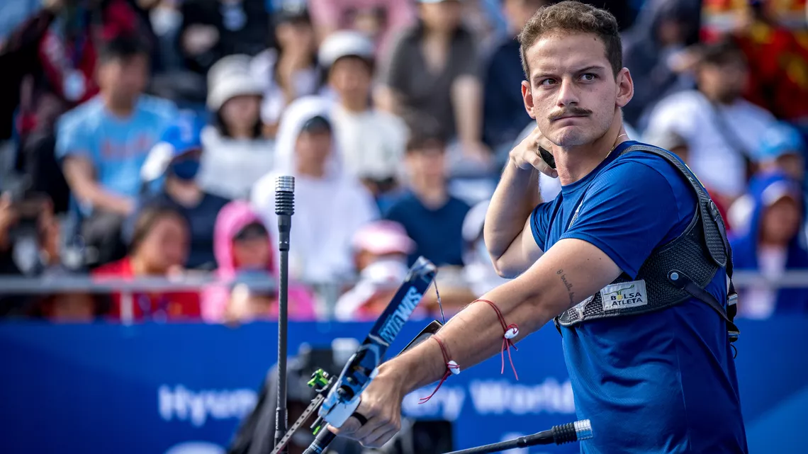 Marcus D’Almeida shoots at the Hyundai Archery World Cup stage in Shanghai.