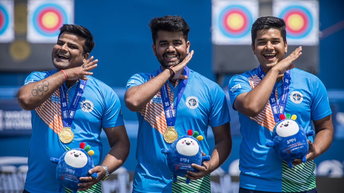 India’s compound men celebrate second straight stage win in 2022.