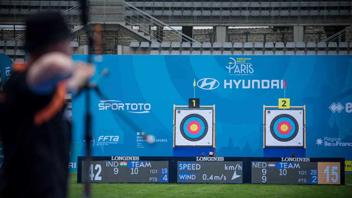 Sjef van den Berg shoots during the third stage of the 2021 Hyundai Archery World Cup in Paris.