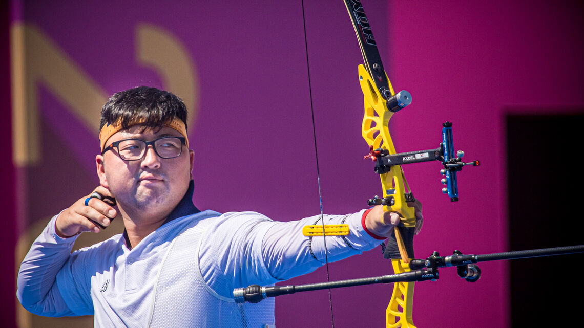 Kim Woojin shoots at the Tokyo 2020 Olympic Games. 