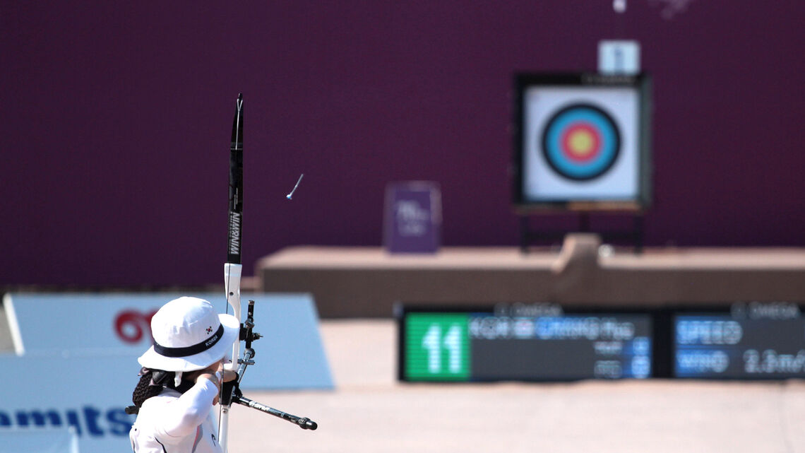 An archer shoots during eliminations at the test event for the Tokyo 2020 Olympic Games.