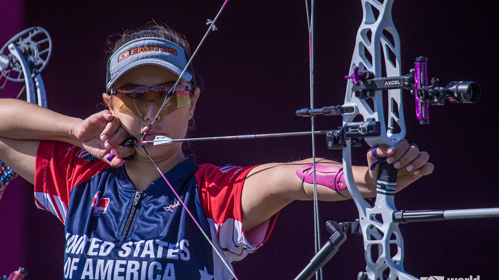 Linda Ochoa-Anderson shoots in the compound women's team final at the second stage of the 2021 Hyundai Archery World Cup in Lausanne.