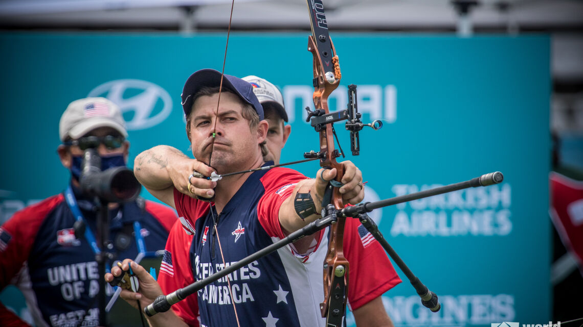 Brady Ellison shoots at the final Olympic qualifier in Paris, France. 