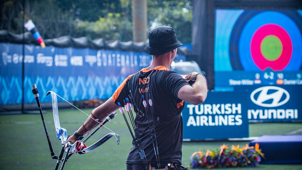 Steve Wijler shoots during the first stage of the 2021 Hyundai Archery World Cup in Guatemala City. 