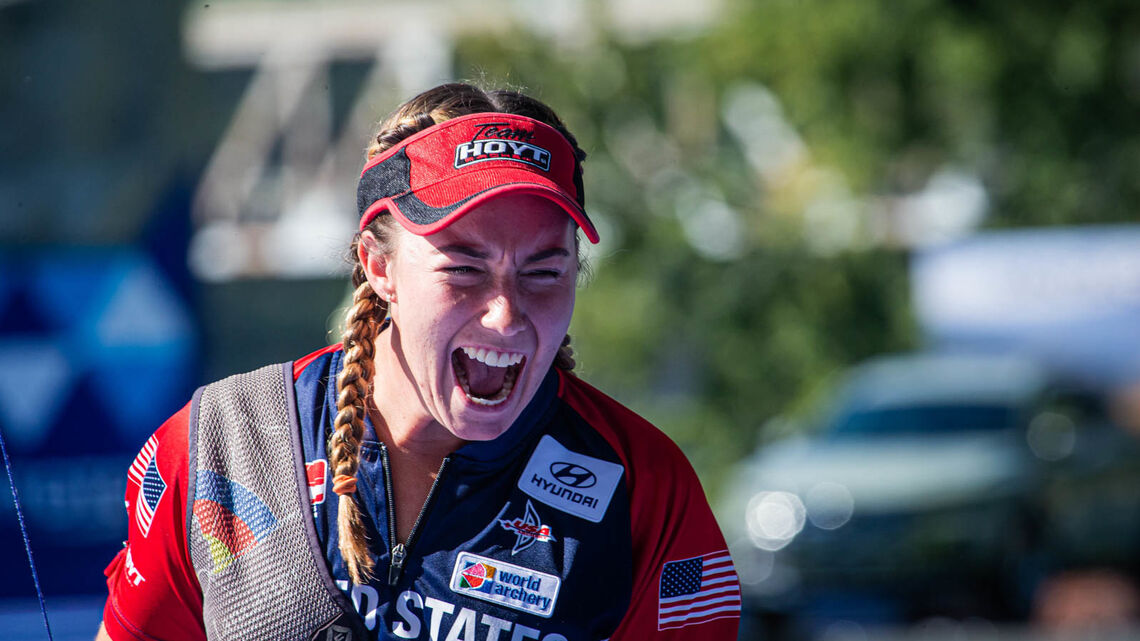 Casey Kaufhold celebrates her semifinals victory at the Yankton 2021 Hyundai World Archery Championships.