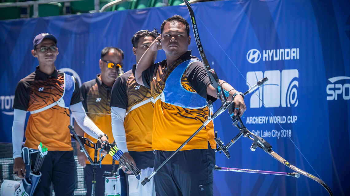 Haziq Kamaruddin shoots at the Salt Lake City 2018 Hyundai Arcrhery World Cup.