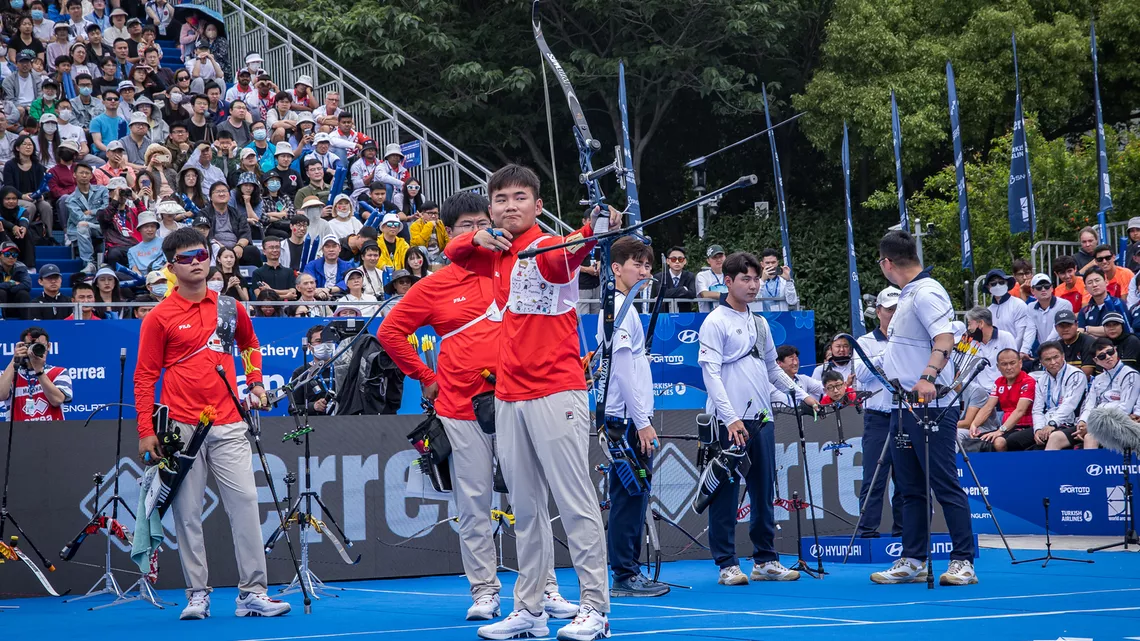 Korea beat China for compound team gold at Shanghai 2023.