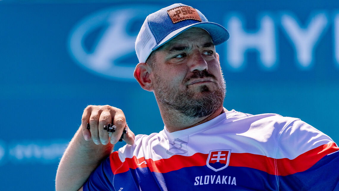 Jozef Bosansky shoots during the fourth stage of the 2023 Hyundai Archery World Cup in Paris.
