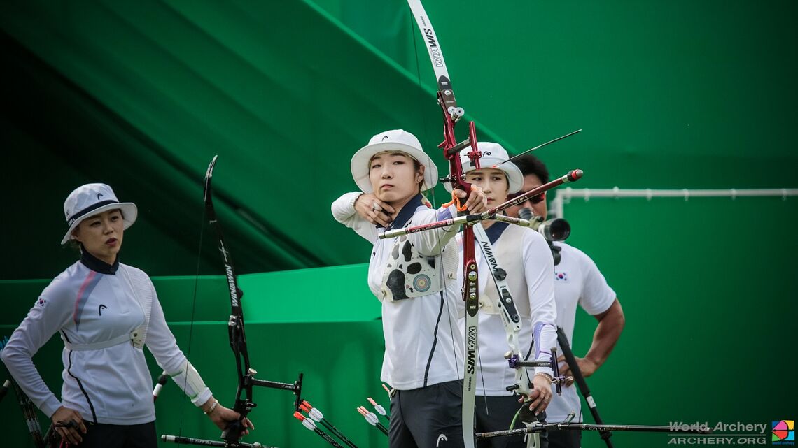 The Korean recurve women’s team shoots at the Rio 2016 Olympic Games.
