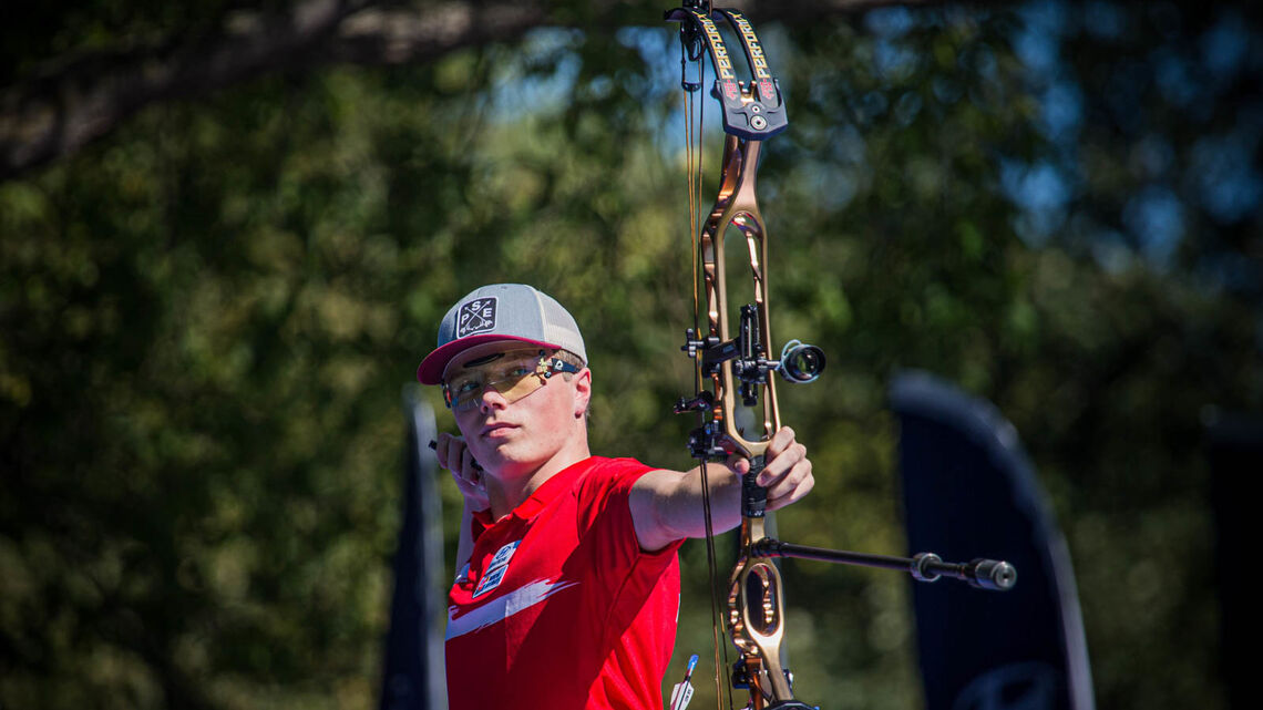 Mathias Fullerton shoots at the Yankton 2021 Hyundai World Archery Championships.