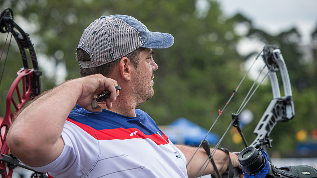 Jozef Bosansky shoots during the first stage of the 2021 Hyundai Archery World Cup in Guatemala City.