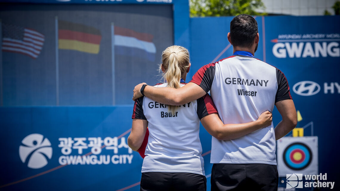 Katharina Bauer and Felix Wieser celebrate Germany’s first mixed team win.