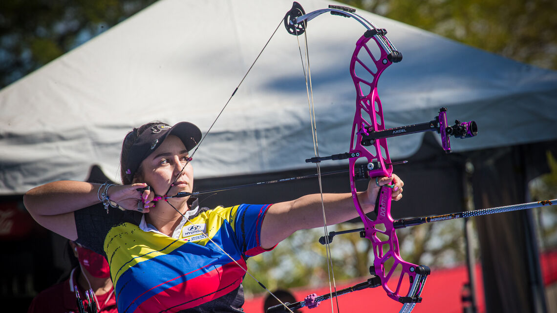 Sara Lopez shoots at the Yankton 2021 Hyundai World Archery Championships.