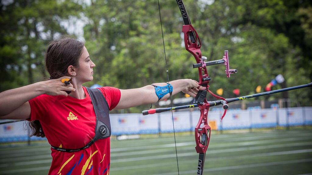 Madalina Amaistroaie shoots during eliminations at the first stage of the 2021 Hyundai Archery World Cup in Guatemala City.