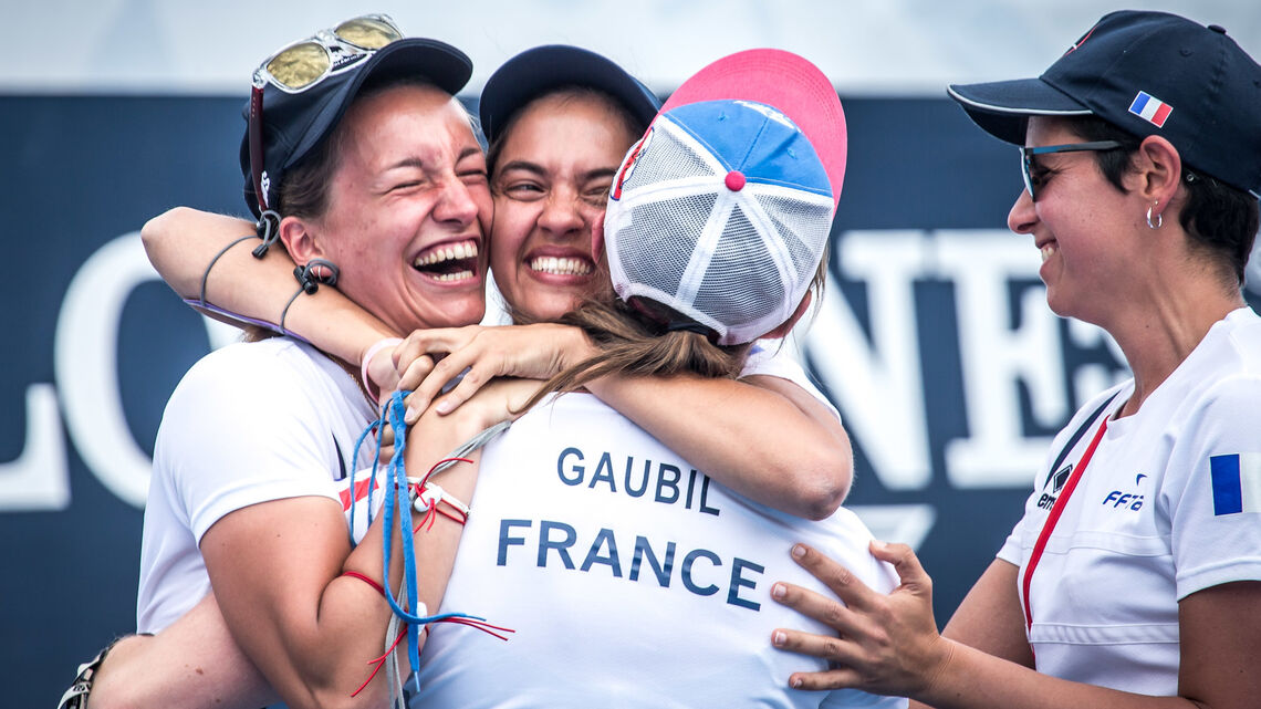 France’s recurve women celebrate during the first stage of the 2019 Hyundai Archery World Cup in Medellin.