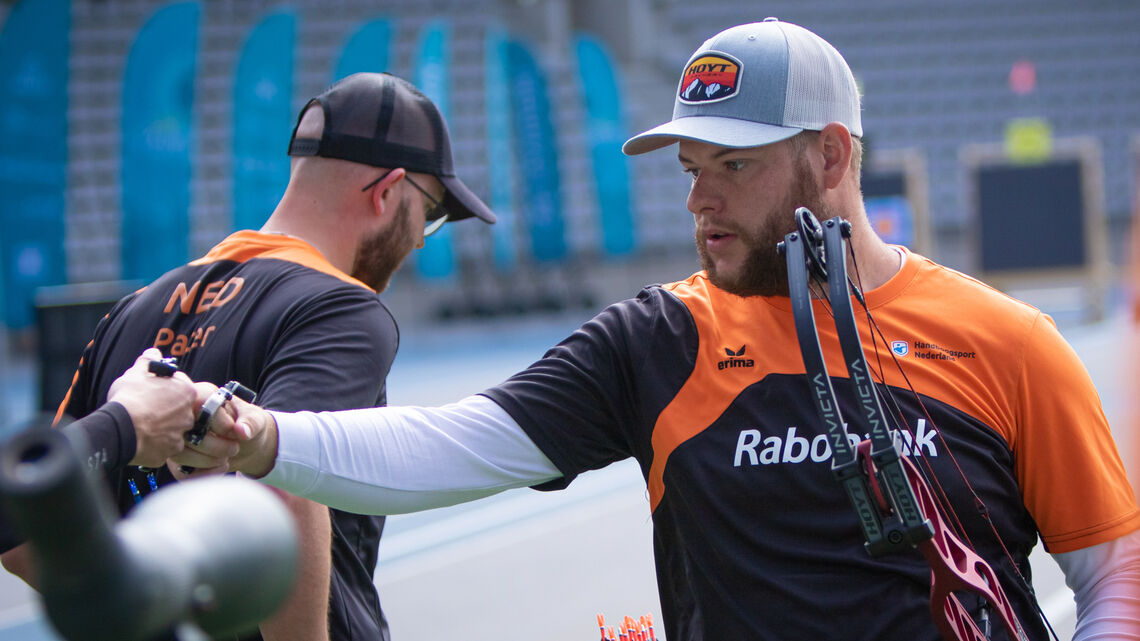 Mike Schloesser competes at stage three of the 2021 Hyundai Archery World Cup in Paris. 