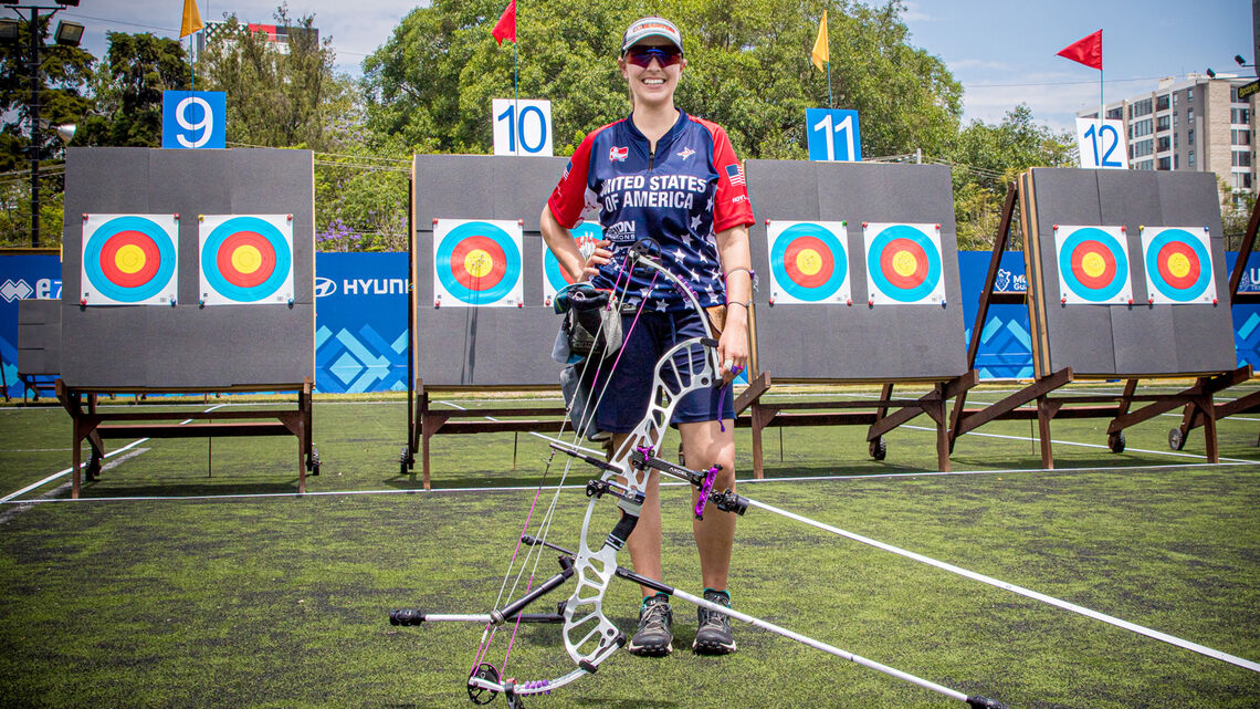Linda Ochoa poses during practice at the first stage of the 2021 Hyundai Archery World Cup in Guatemala City.