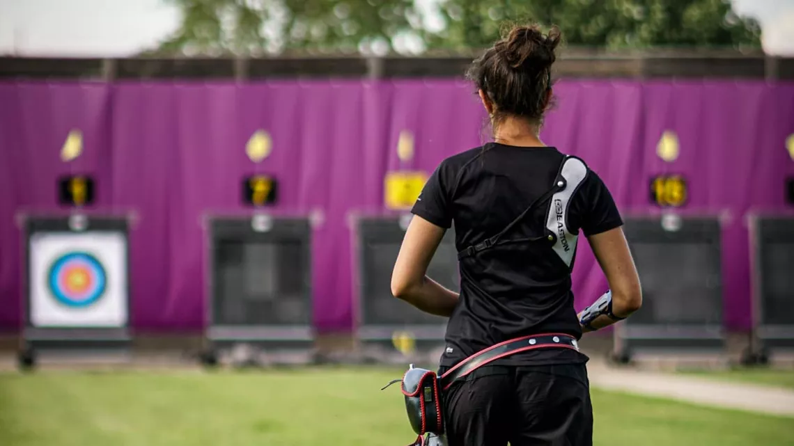 Audrey Adiceom practising at Lausanne 2021 Hyundai Archery World Cup