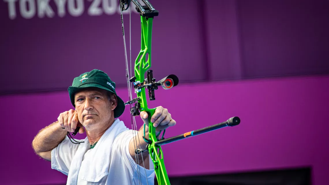 Philip Coates-Palgrave shoots at the Tokyo 2020 Paralympic Games.