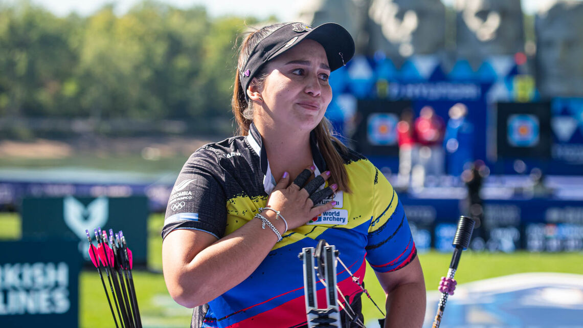 Sara Lopez celebrates winning the 2021 Hyundai World Archery Championships.