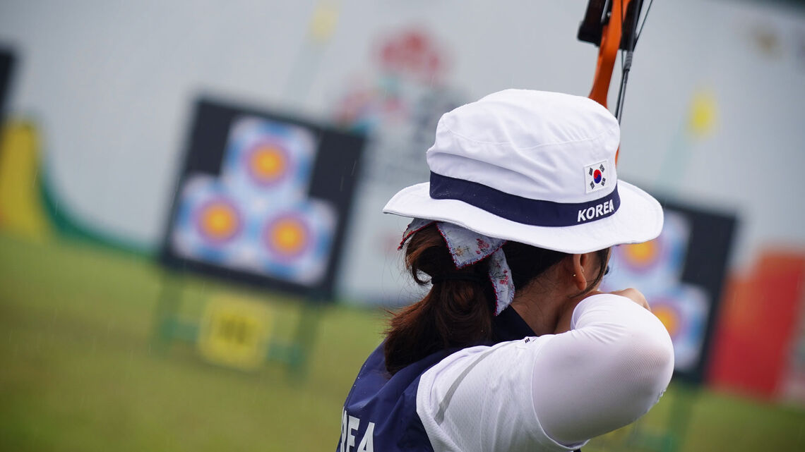 Kim Yunhee shoots during qualification at the 2021 Asian Championships.