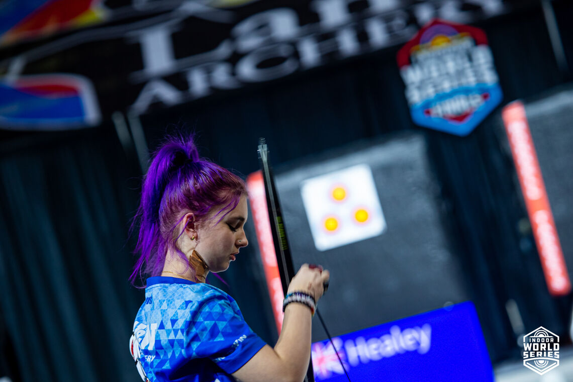 Penny Healey at the 2022 Indoor Archery World Series Finals.