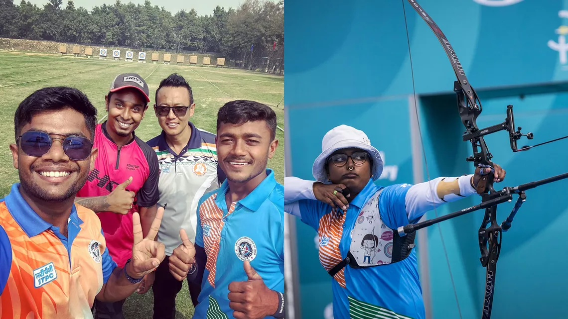 The Indian recurve men’s team for 2023 and Deepika Kumari in 2022.