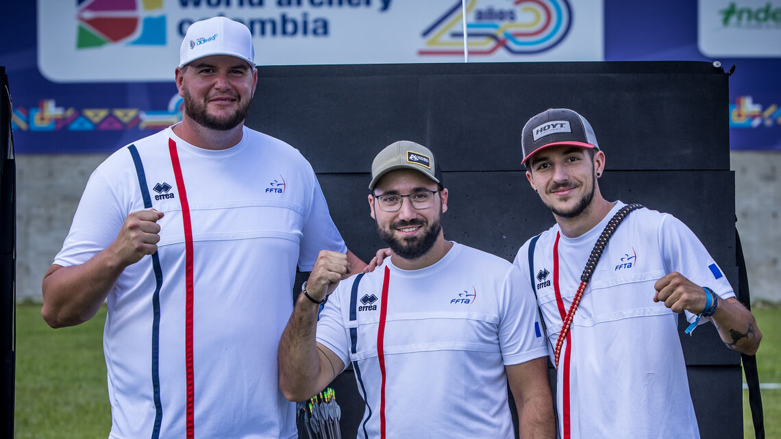 Nicolas Girard, Jean-Philippe Boulch and Adrien Gontier at Medellin 2022 Hyundai Archery World Cup.