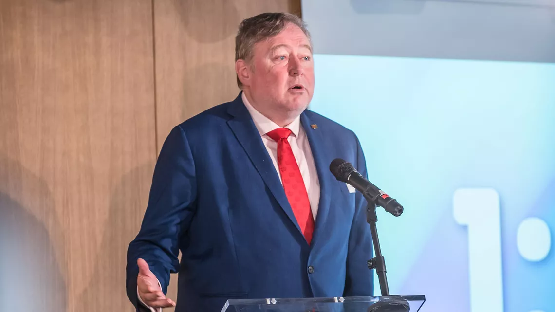 Tom Dielen speaks during the International World Games Association AGM in 2023.