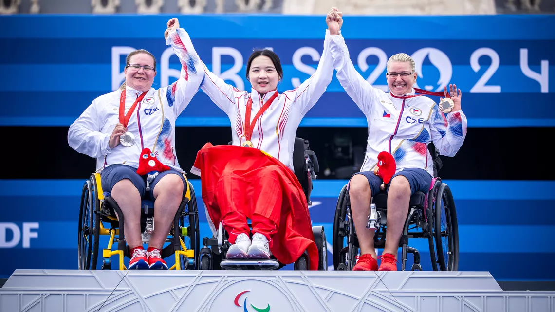 Chen Minyi, Sarka Pultar Musilova, Tereza Brandtlova, Archery Paralympic Games Paris 2024