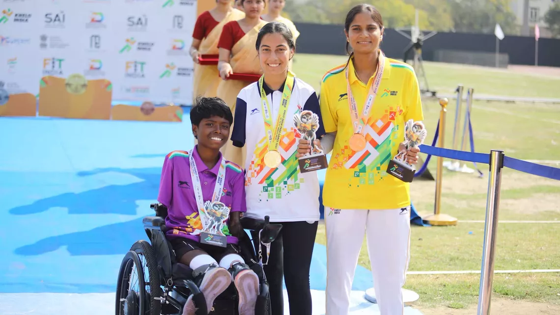 Payal Nag, Sheetal Devi and Jyoti Baliyan on 2023 Khelo India Para Games podium.