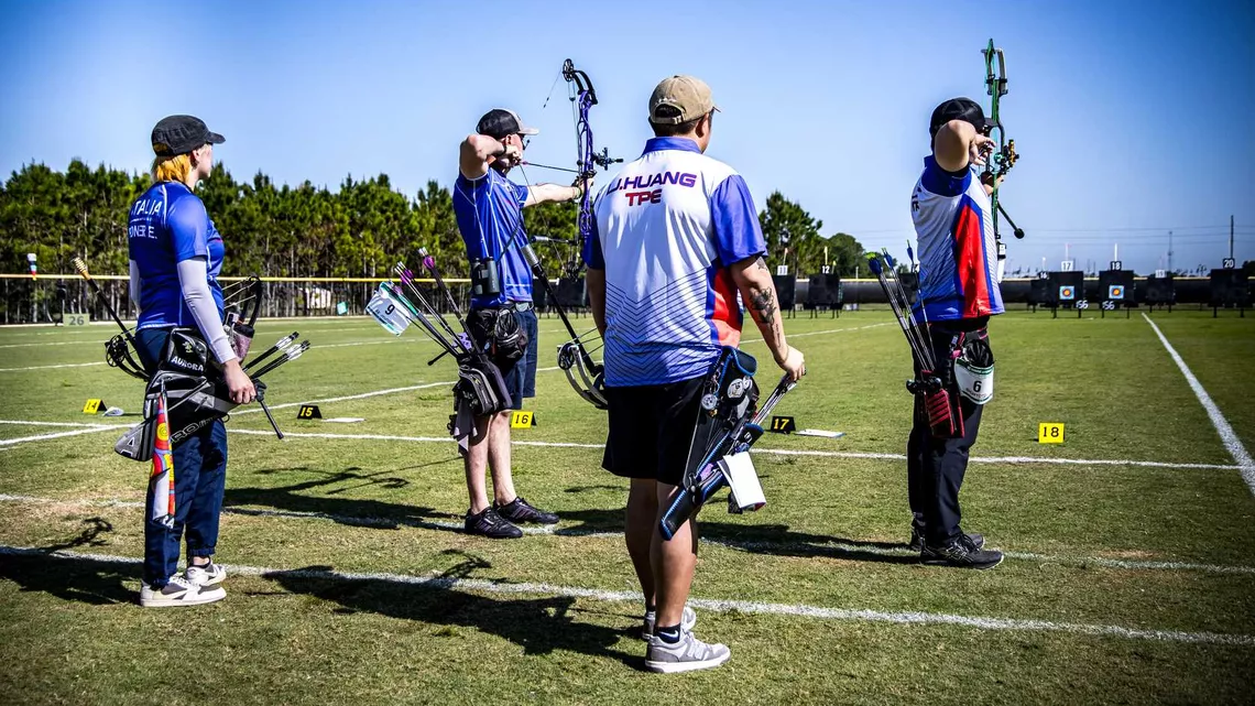 Italy and Chinese Taipei facing in compound mixed team semifinal at Central Florida 2025.