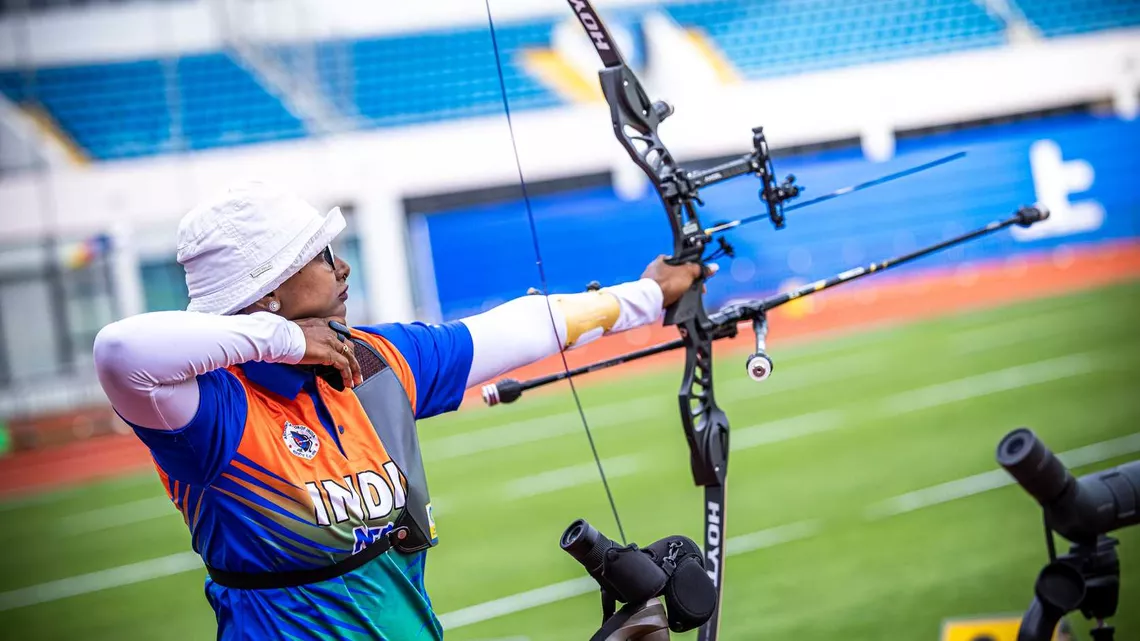 Deepika Kumari aiming during Shanghai 2025 eliminations.
