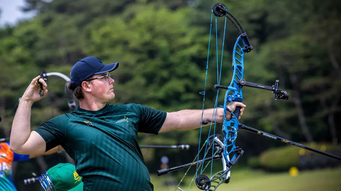 Brandon Hawes shooting at Yecheon 2024 Hyundai Archery World Cup.